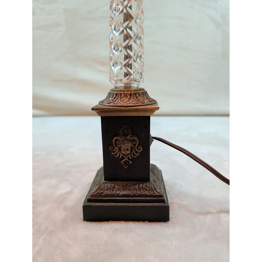 Vintage Crystal Column Table Lamp Bronze Pedestal Base Damask Bell Shade 21.5